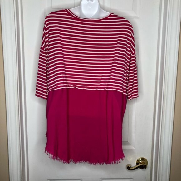 Umgee pink and white striped top raw fringe hem size small - Picture 8 of 10